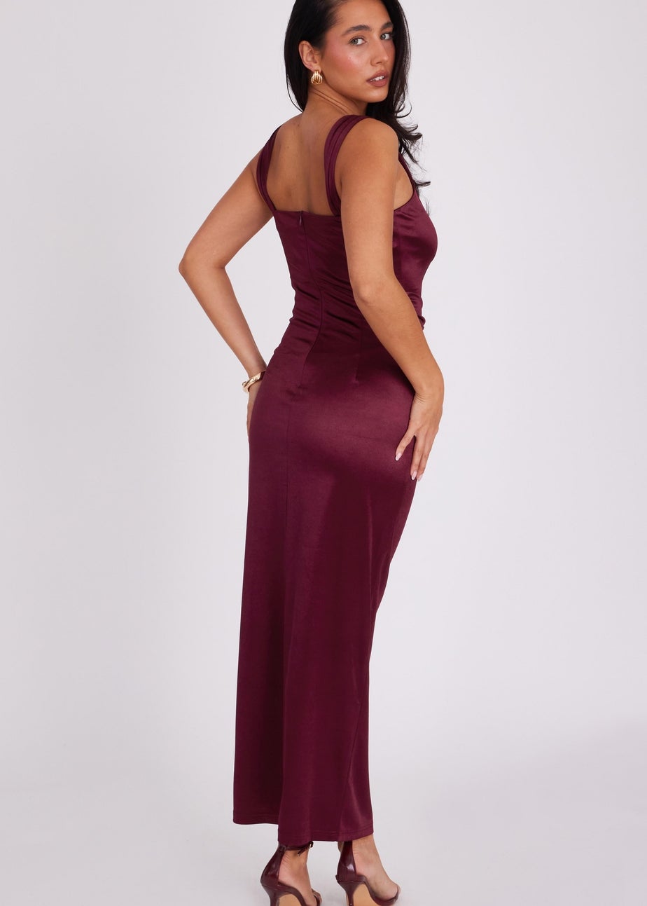 Quiz Burgundy Square Neck Satin Midaxi Dress