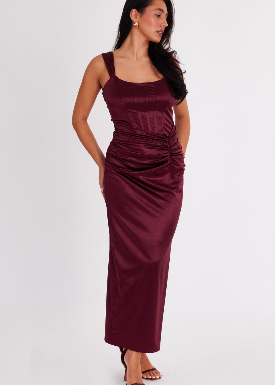 Quiz Burgundy Square Neck Satin Midaxi Dress