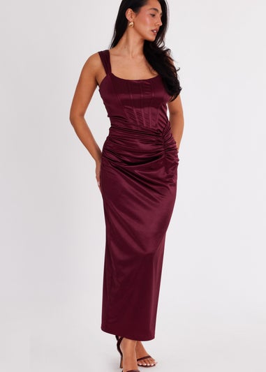 Quiz Burgundy Square Neck Satin Midaxi Dress
