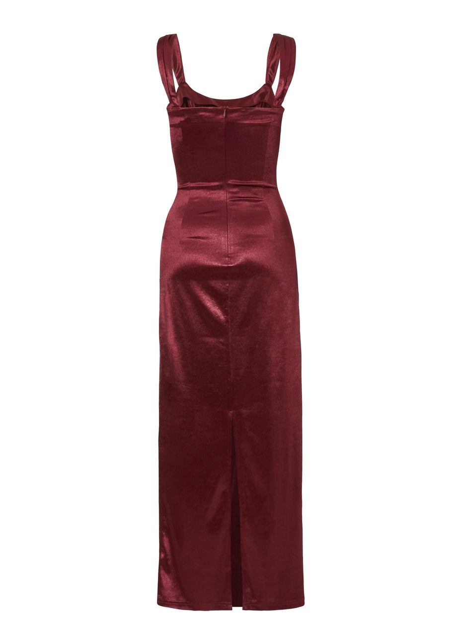 Quiz Burgundy Square Neck Satin Midaxi Dress