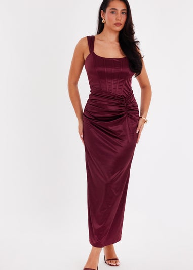 Quiz Burgundy Square Neck Satin Midaxi Dress