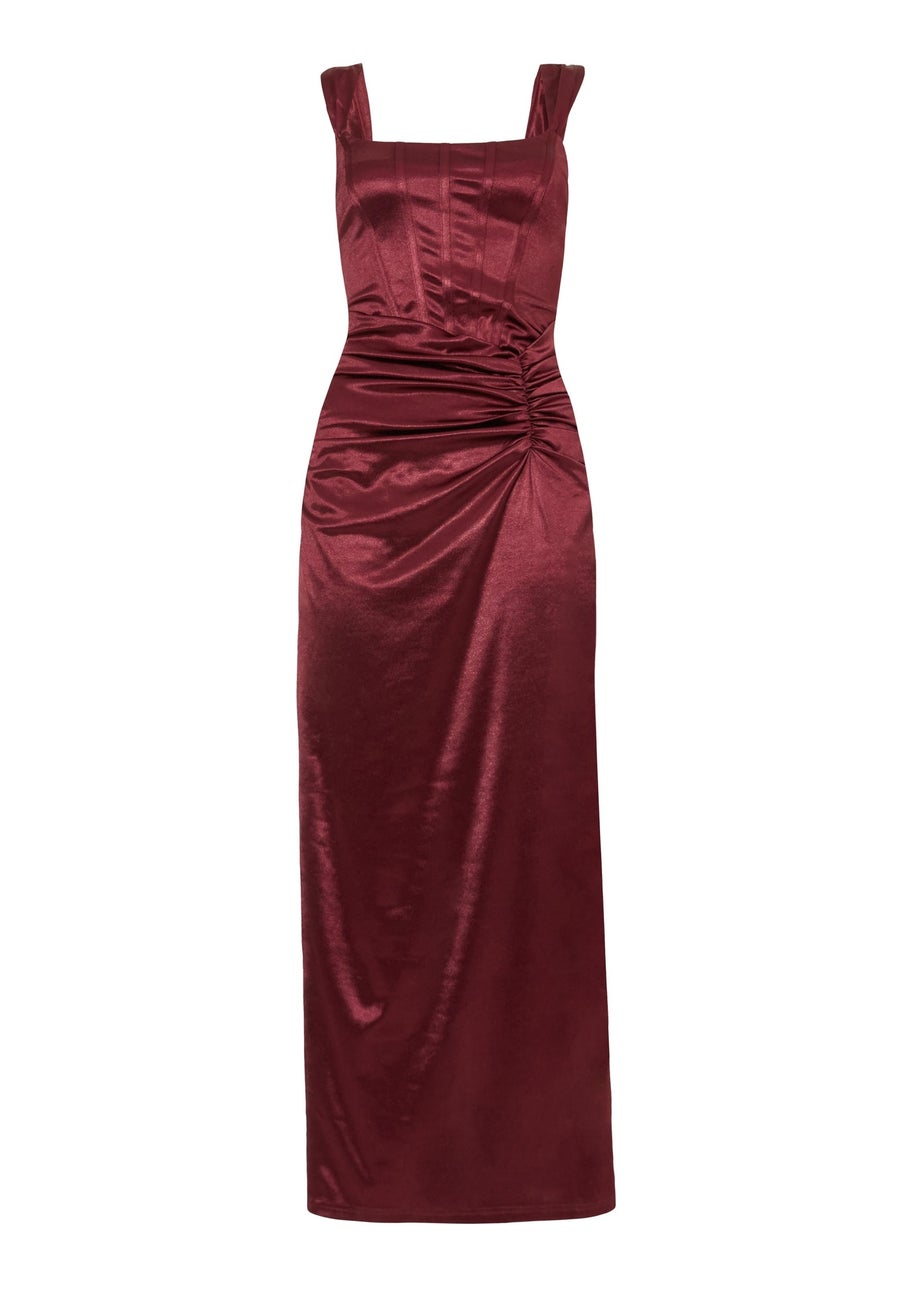 Quiz Burgundy Square Neck Satin Midaxi Dress