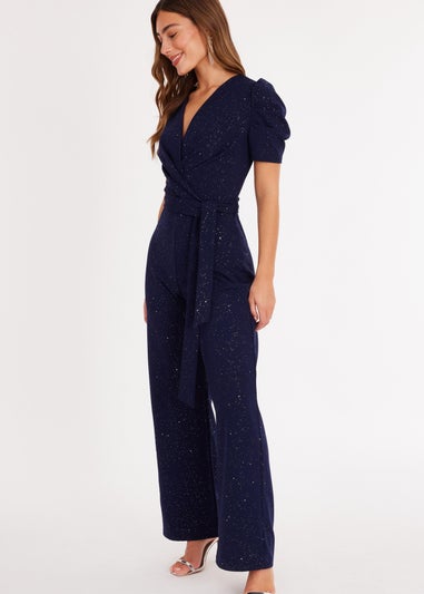 Quiz Navy Glitter Puff Sleeve Jumpsuit