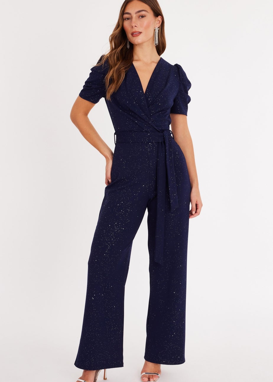 Quiz Navy Glitter Puff Sleeve Jumpsuit