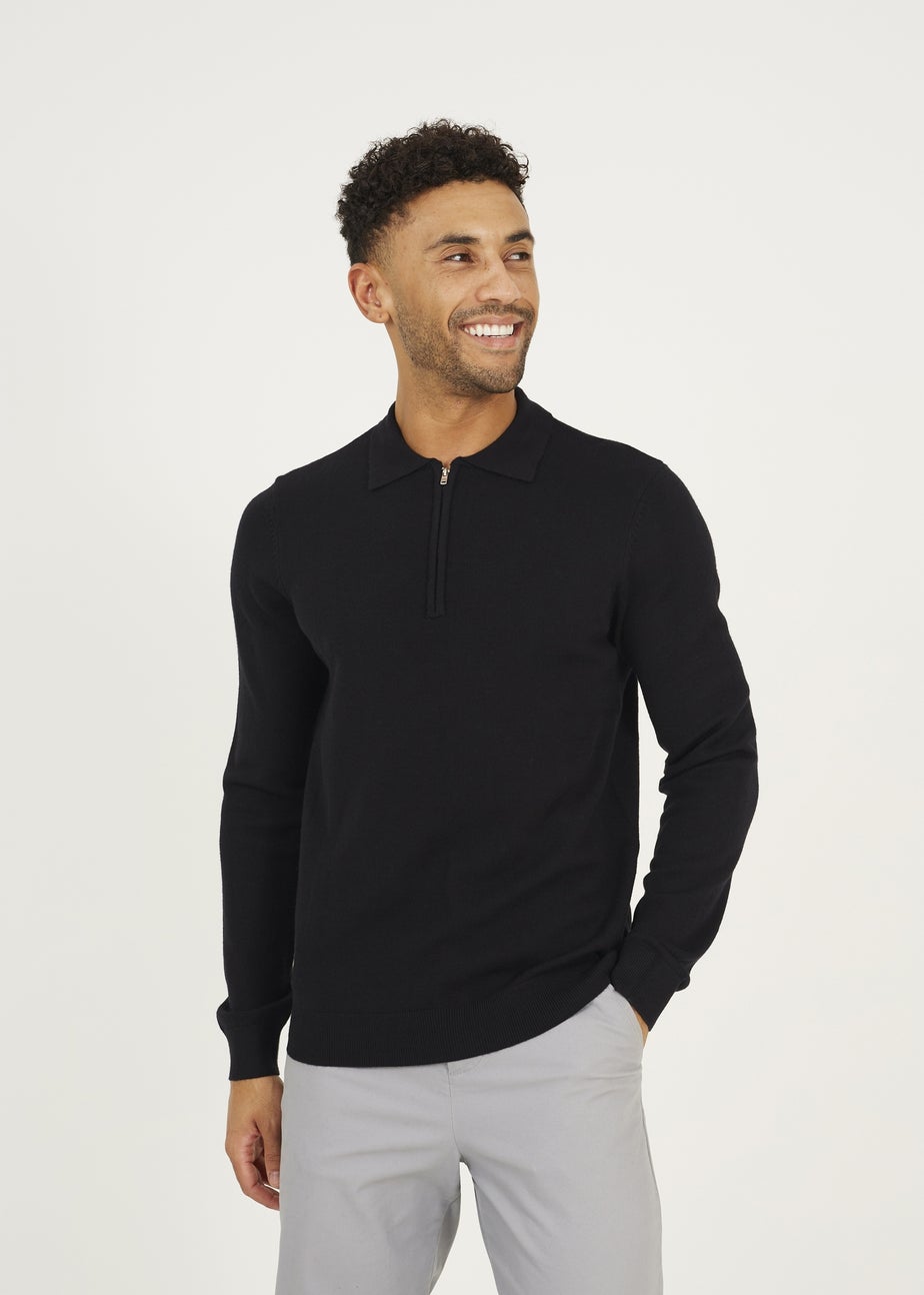 Brave Soul Black Long Sleeve Knitted Polo