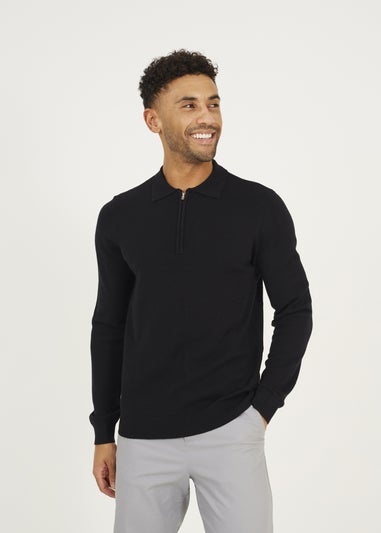 Brave Soul Black Long Sleeve Knitted Polo