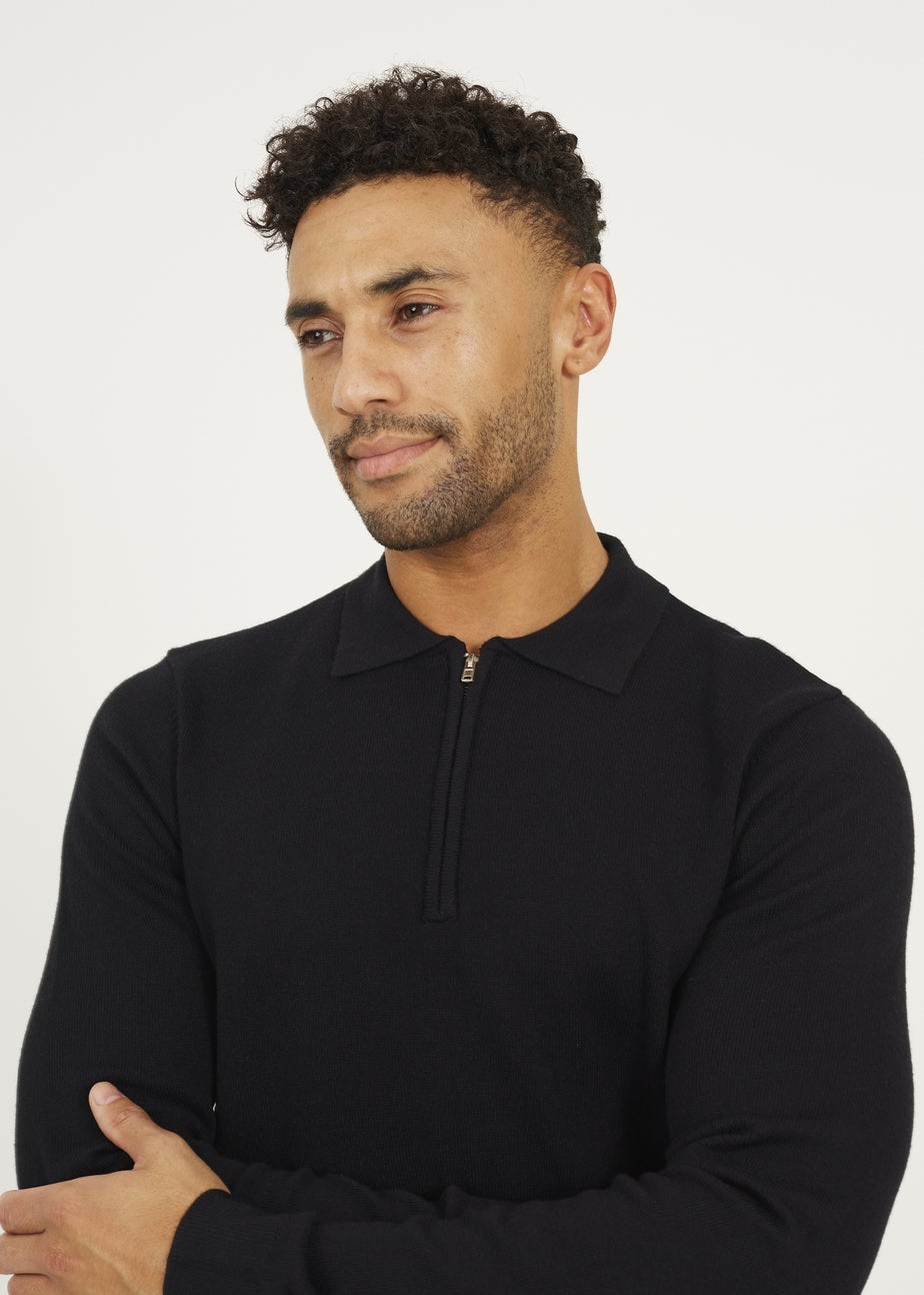 Brave Soul Black Long Sleeve Knitted Polo