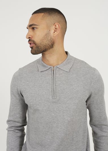 Brave Soul Grey Long Sleeve Knitted Polo