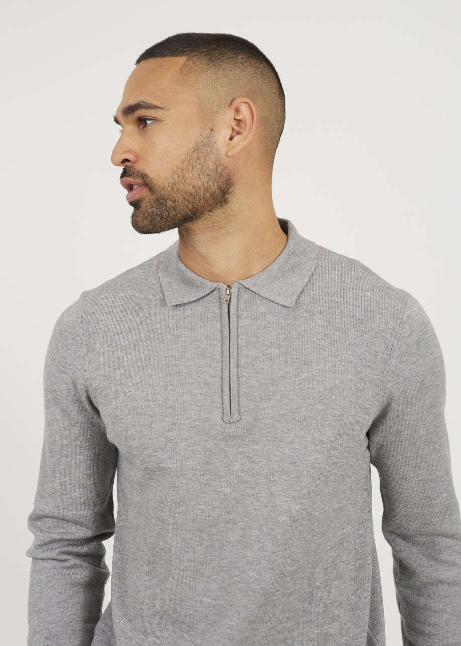 Brave Soul Grey Long Sleeve Knitted Polo