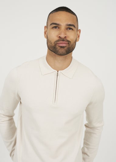 Brave Soul Cream Long Sleeve Knitted Polo