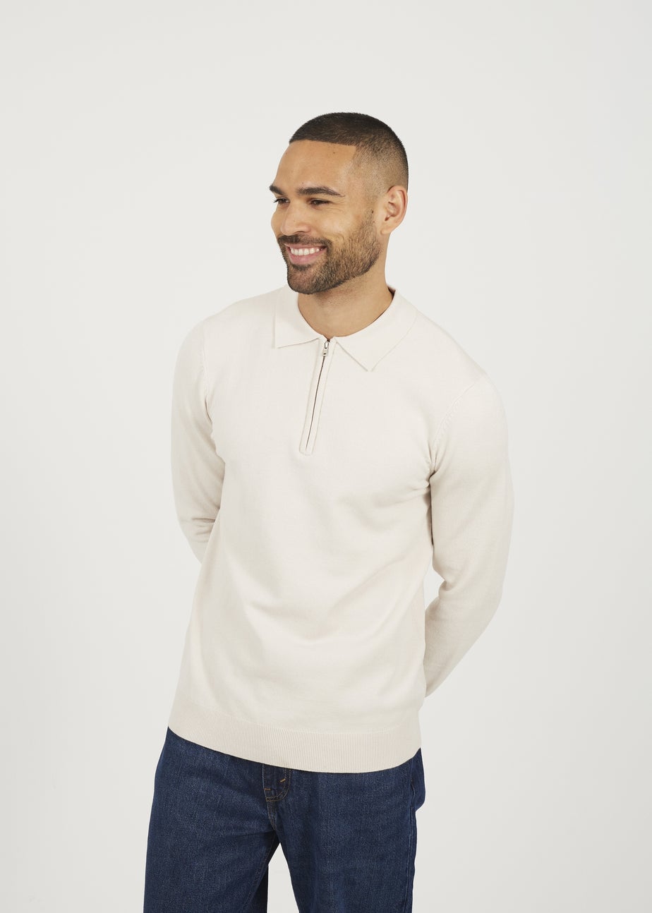 Brave Soul Cream Long Sleeve Knitted Polo