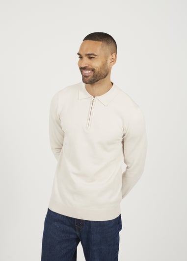Brave Soul Cream Long Sleeve Knitted Polo