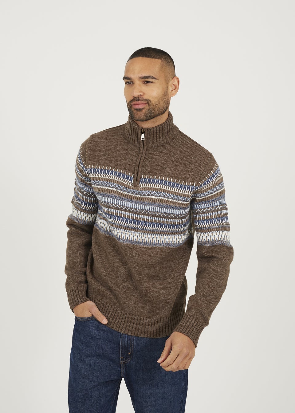 Brave Soul Brown Quarter Zip Fair Isle Jumper