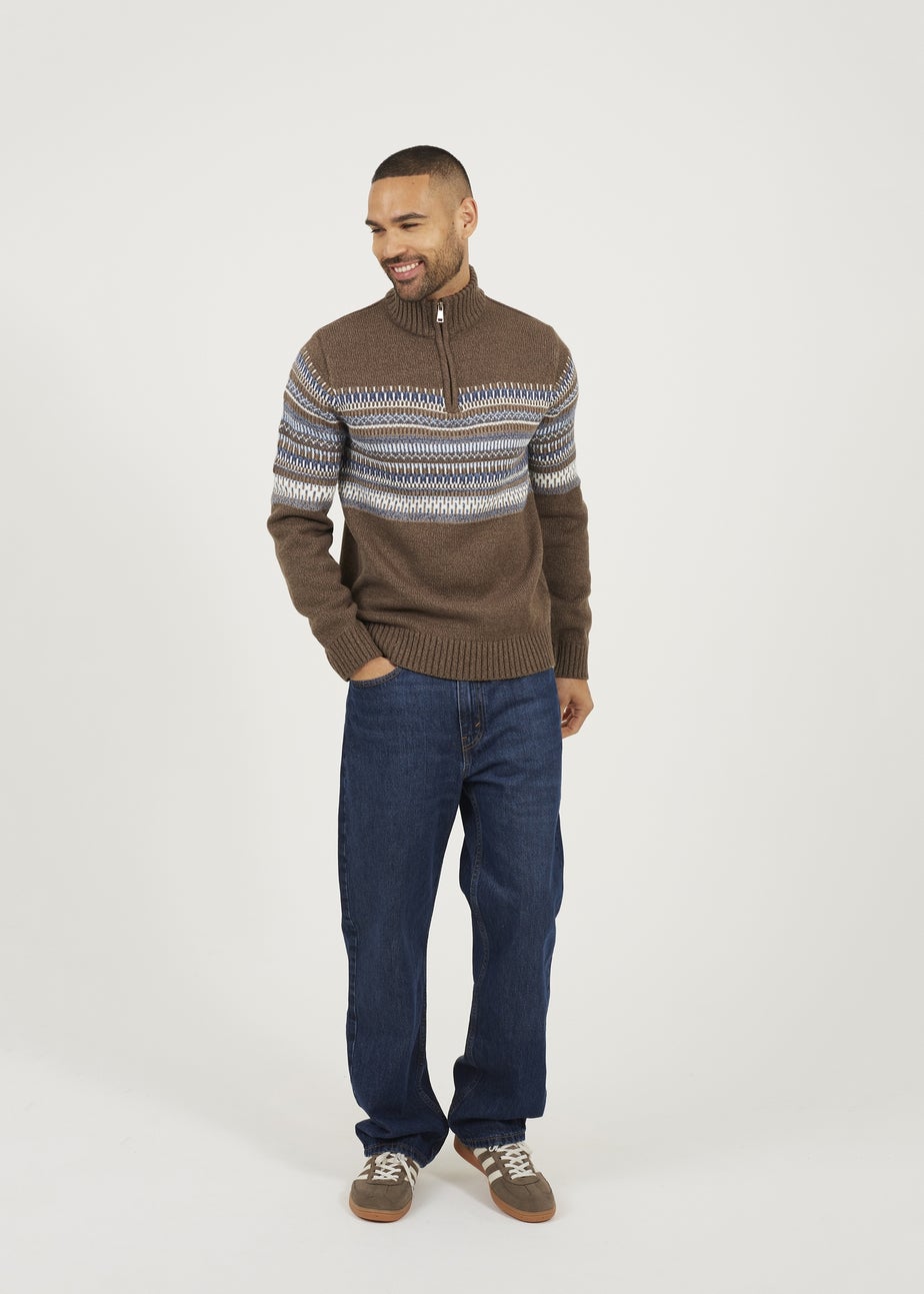 Brave Soul Brown Quarter Zip Fair Isle Jumper