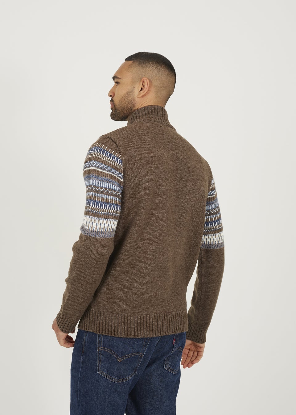 Brave Soul Brown Quarter Zip Fair Isle Jumper