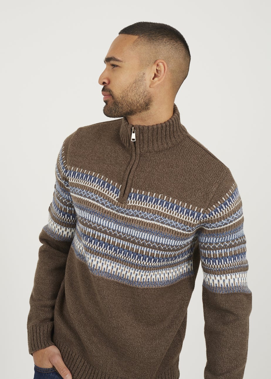 Brave Soul Brown Quarter Zip Fair Isle Jumper
