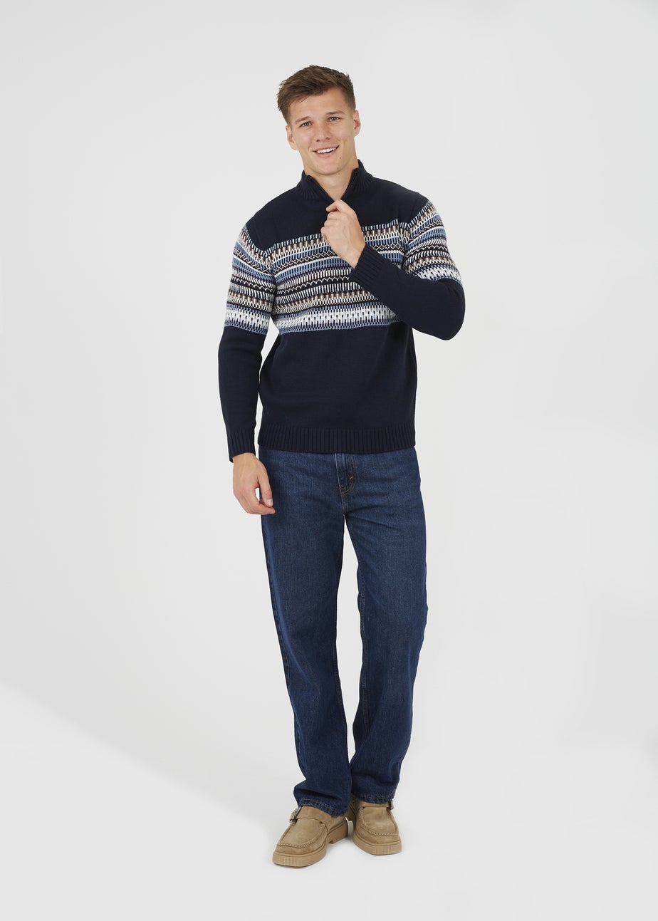 Brave Soul Navy Quarter Zip Fair Isle Jumper