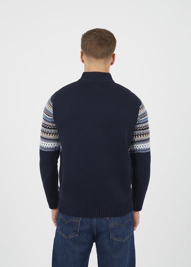 Brave Soul Navy Quarter Zip Fair Isle Jumper
