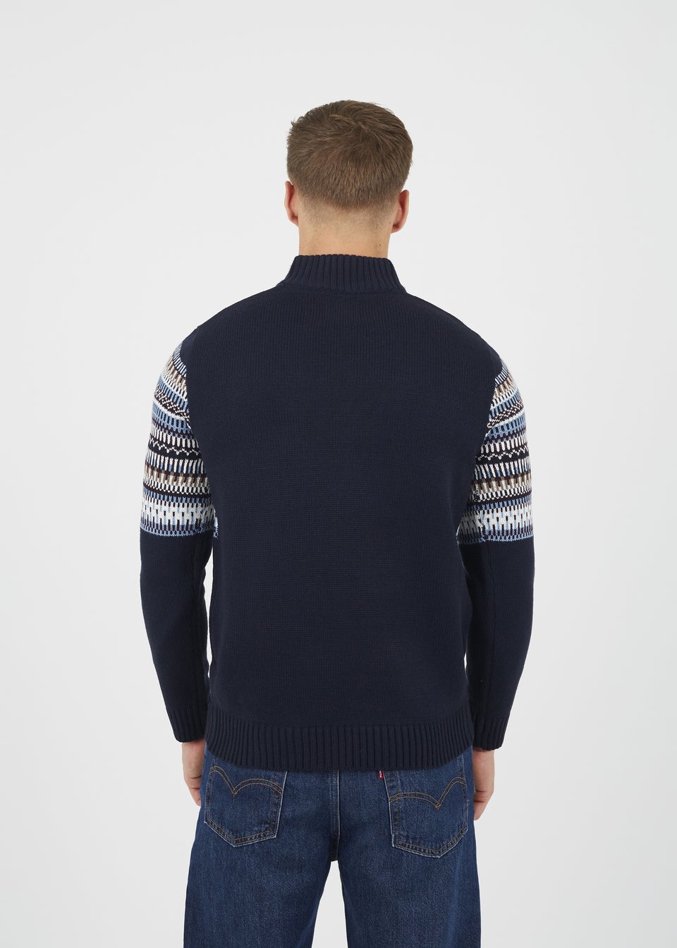 Brave Soul Navy Quarter Zip Fair Isle Jumper