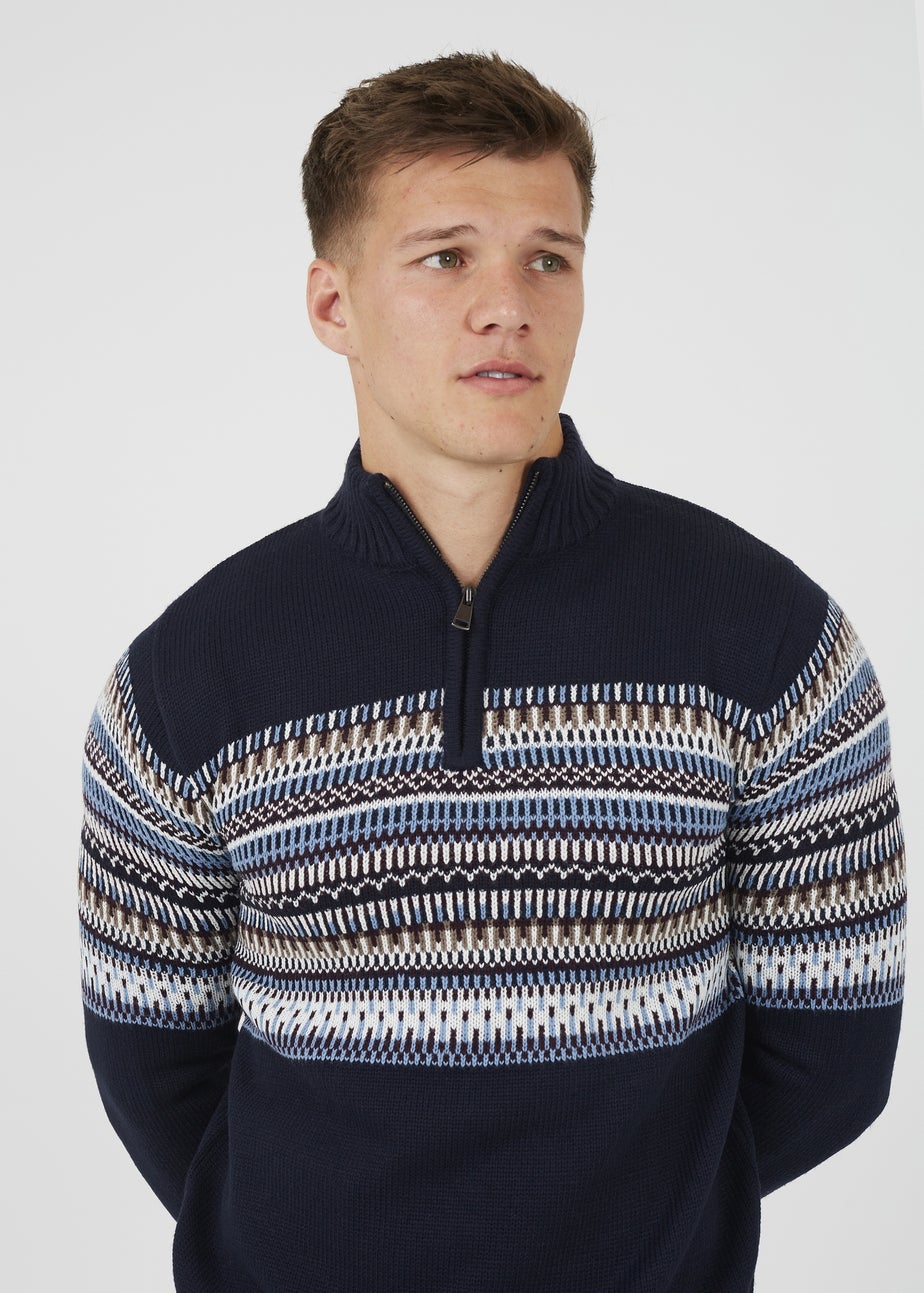 Brave Soul Navy Quarter Zip Fair Isle Jumper