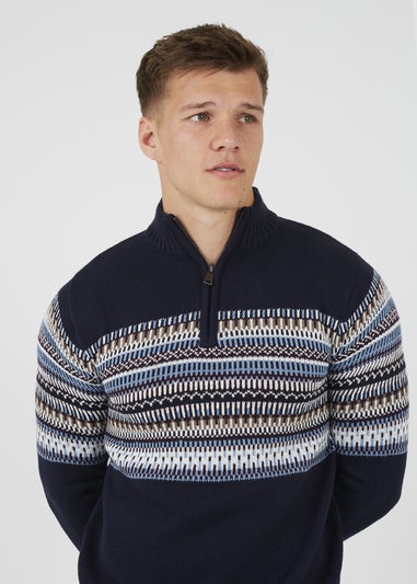 Brave Soul Navy Quarter Zip Fair Isle Jumper