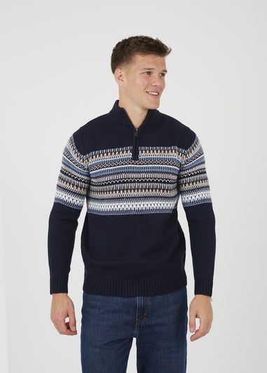 Brave Soul Navy Quarter Zip Fair Isle Jumper