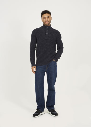 Brave Soul Navy Funnel Neck Jumper with Buttons