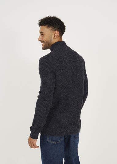 Brave Soul Navy Funnel Neck Jumper with Buttons