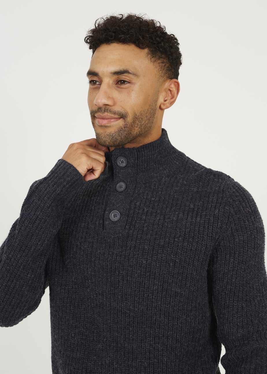 Brave Soul Navy Funnel Neck Jumper with Buttons