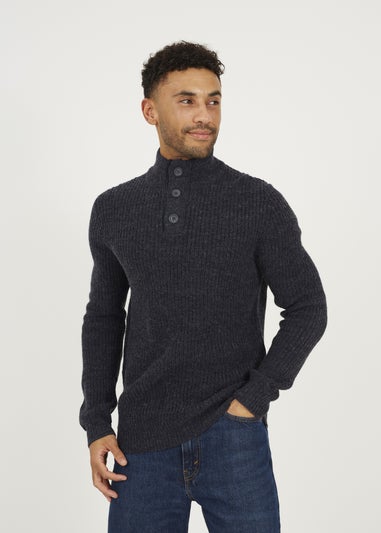 Brave Soul Navy Funnel Neck Jumper with Buttons