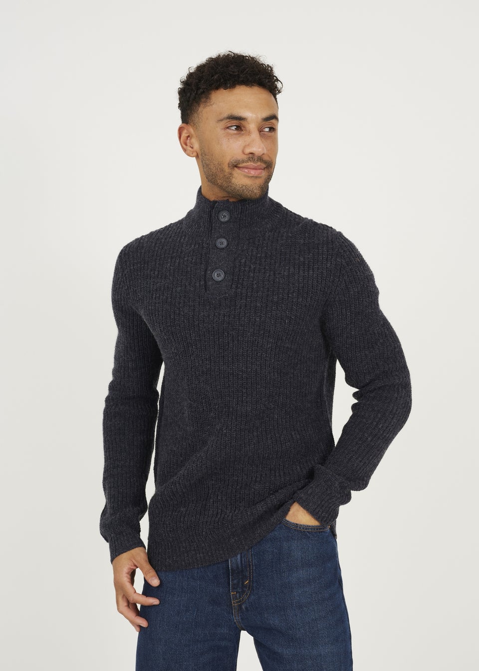 Brave Soul Navy Funnel Neck Jumper with Buttons