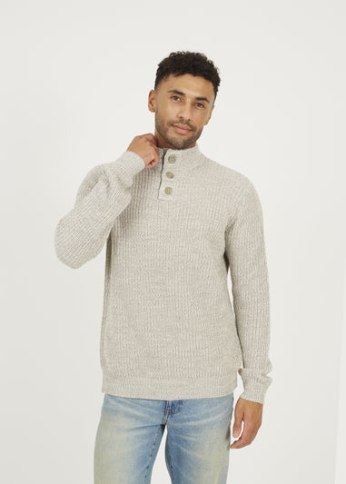 Brave Soul Natural Funnel Neck Jumper with Buttons
