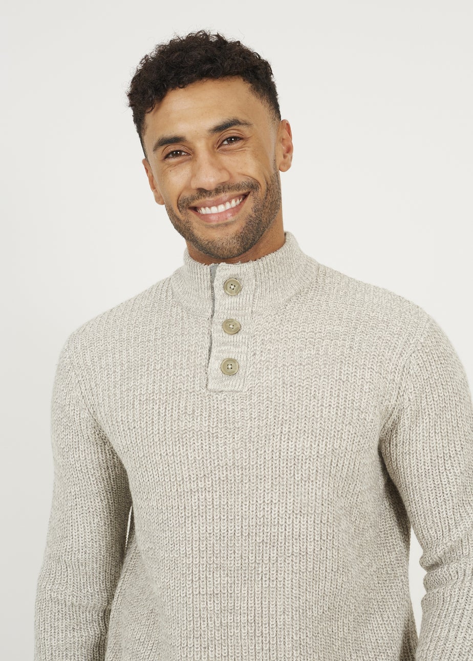 Brave Soul Natural Funnel Neck Jumper with Buttons