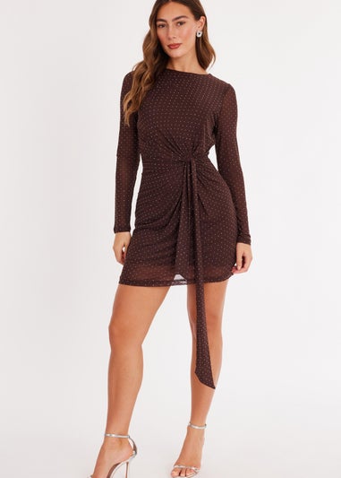 Quiz Brown Diamante Mesh Mini Dress