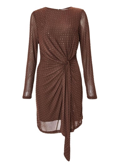 Quiz Brown Diamante Mesh Mini Dress