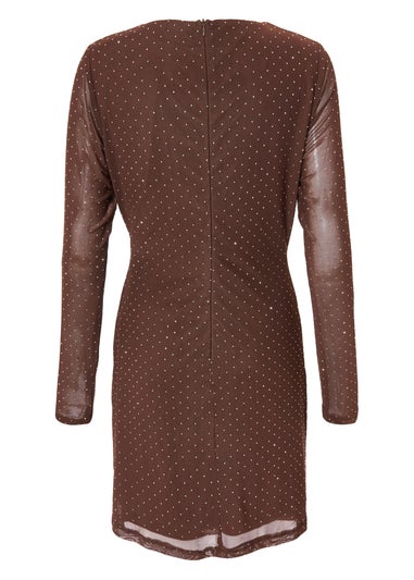 Quiz Brown Diamante Mesh Mini Dress