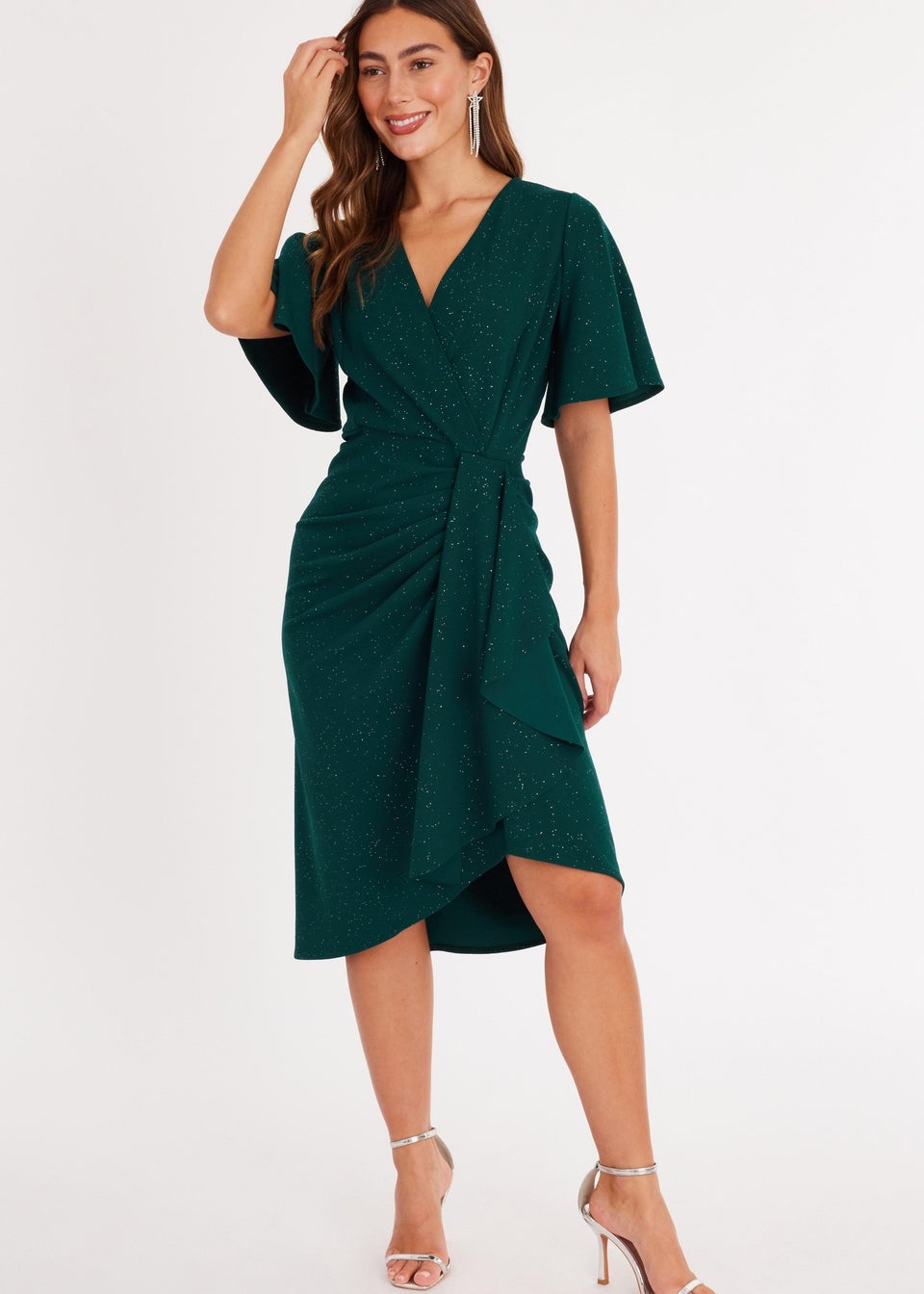 Quiz Green Glitter Ruched Midi Dress