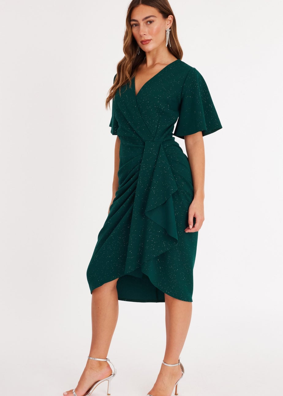 Quiz Green Glitter Ruched Midi Dress