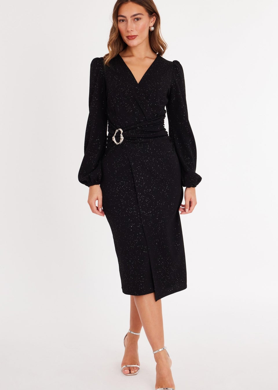 Quiz Black Glitter Wrap Midi Dress