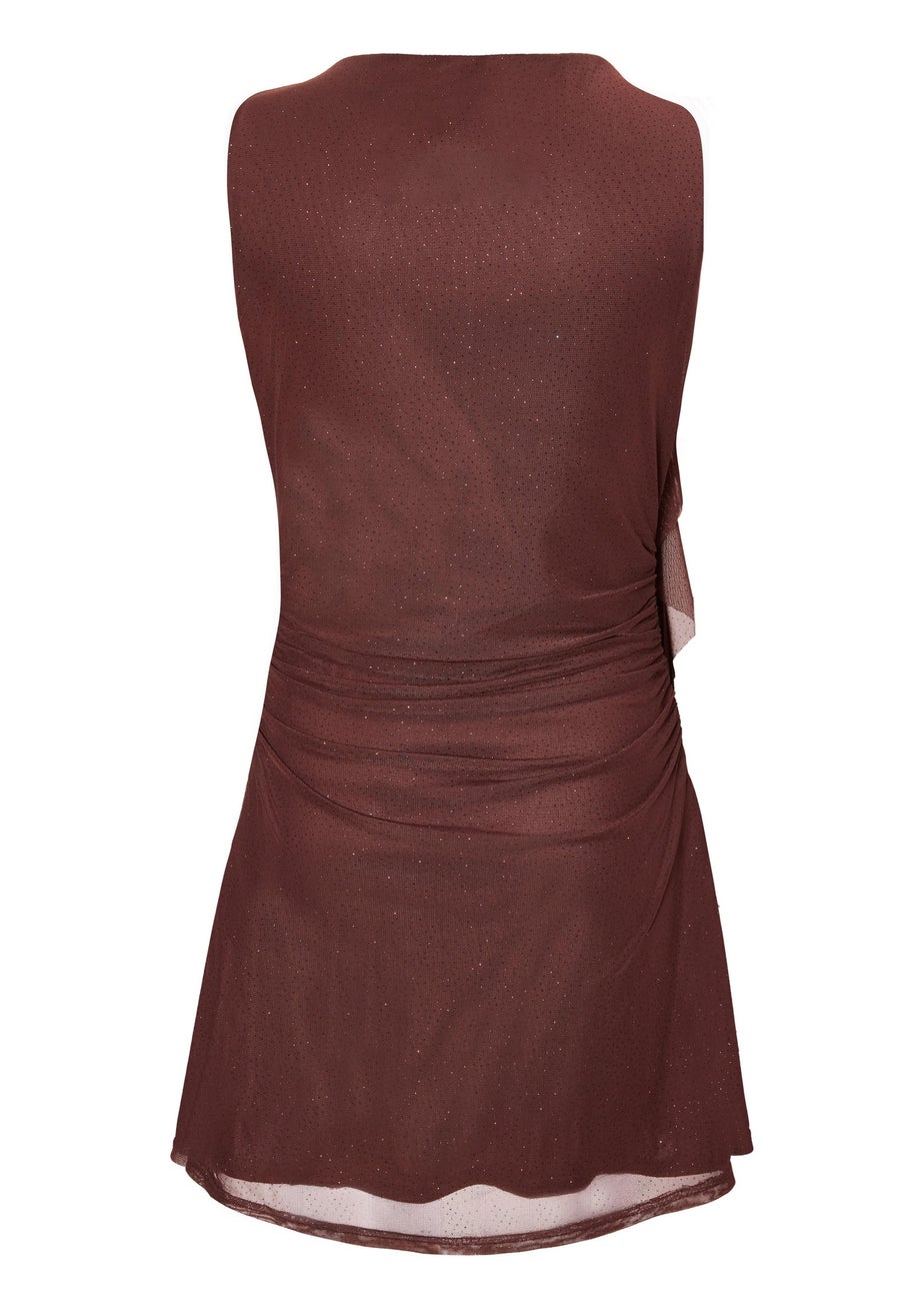 Quiz Brown Glitter Mesh Ruffle Mini Dress