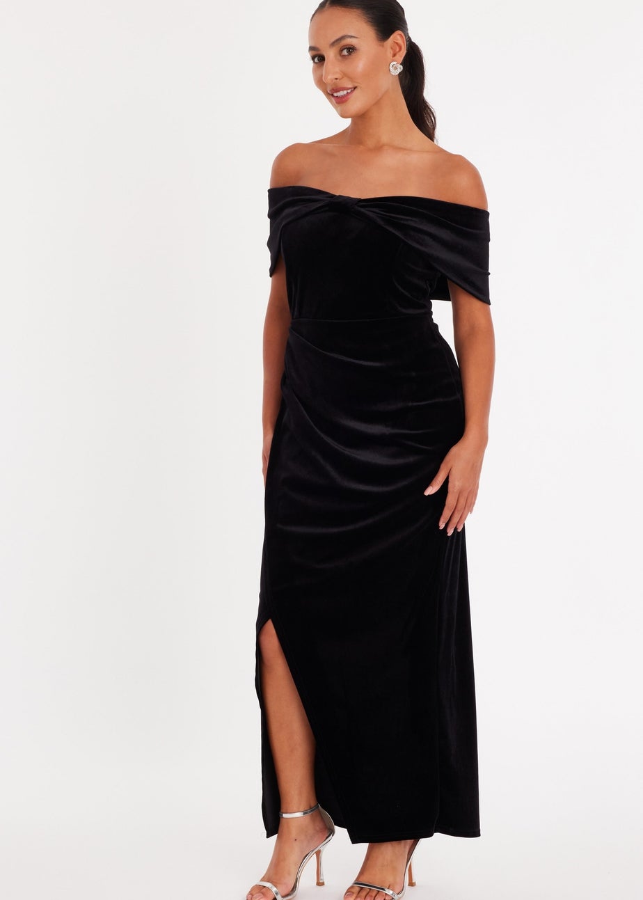Quiz Black Petite Velvet Bardot Maxi Dress
