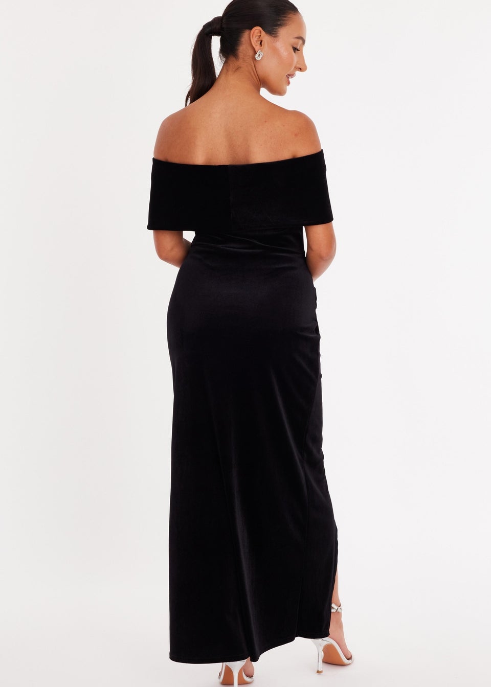 Quiz Black Petite Velvet Bardot Maxi Dress
