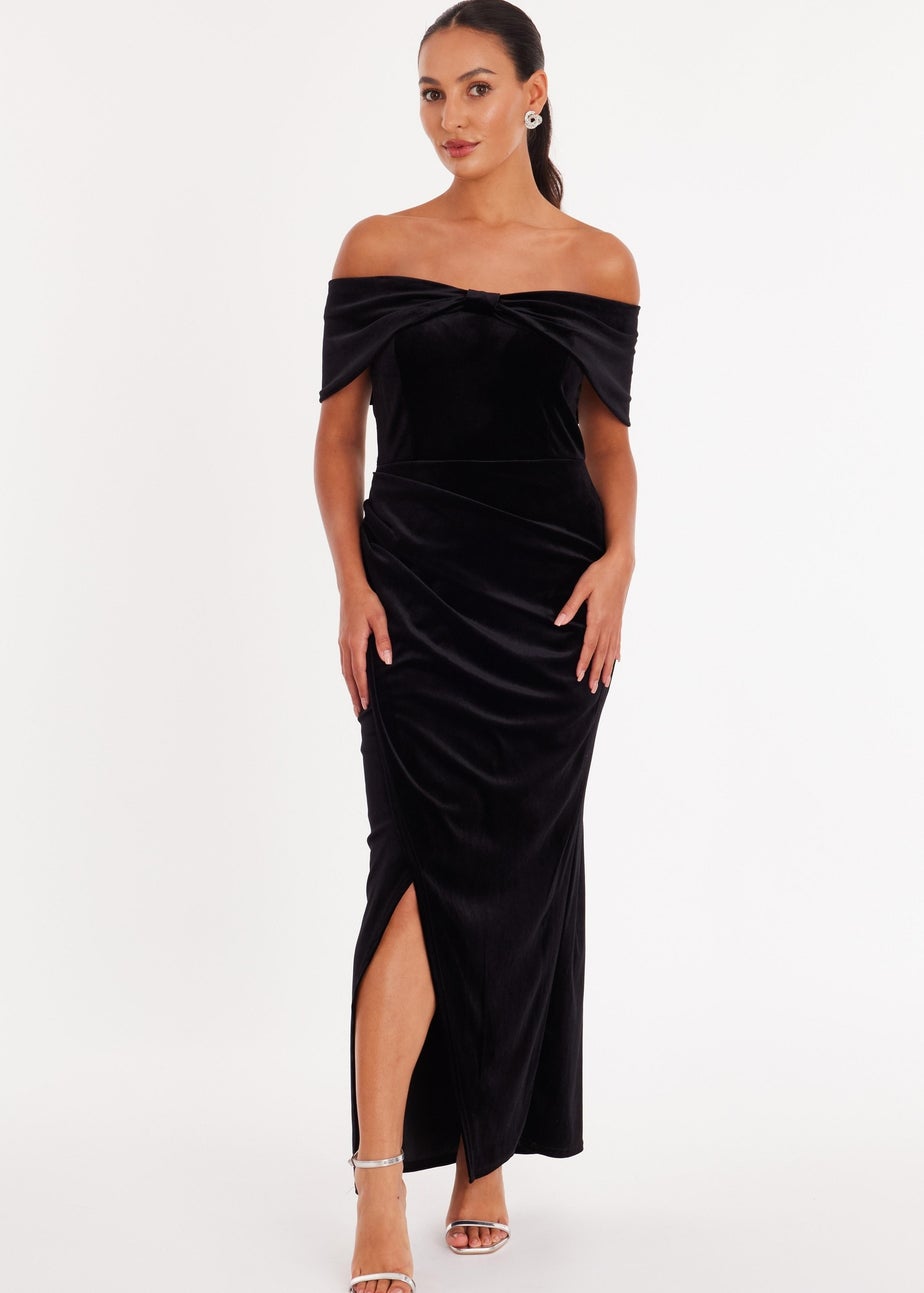 Quiz Black Petite Velvet Bardot Maxi Dress