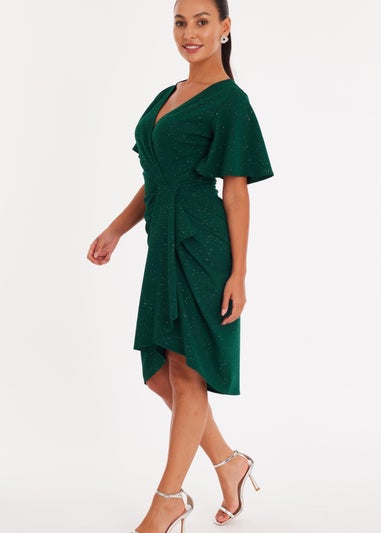 Quiz Green Petite Glitter Ruched Midi Dress