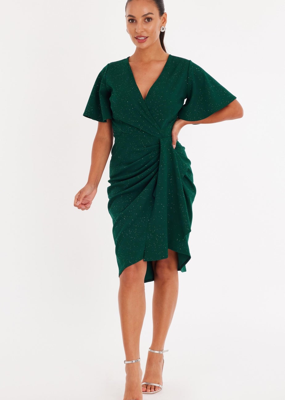 Quiz Green Petite Glitter Ruched Midi Dress