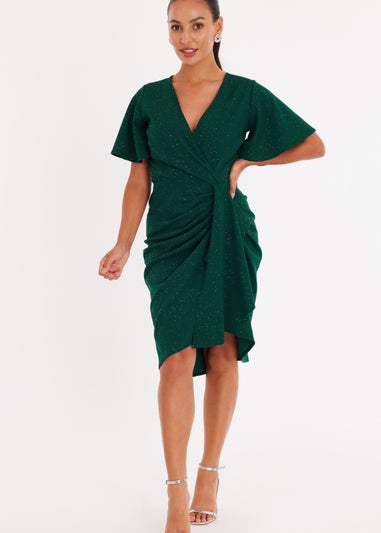 Quiz Green Petite Glitter Ruched Midi Dress
