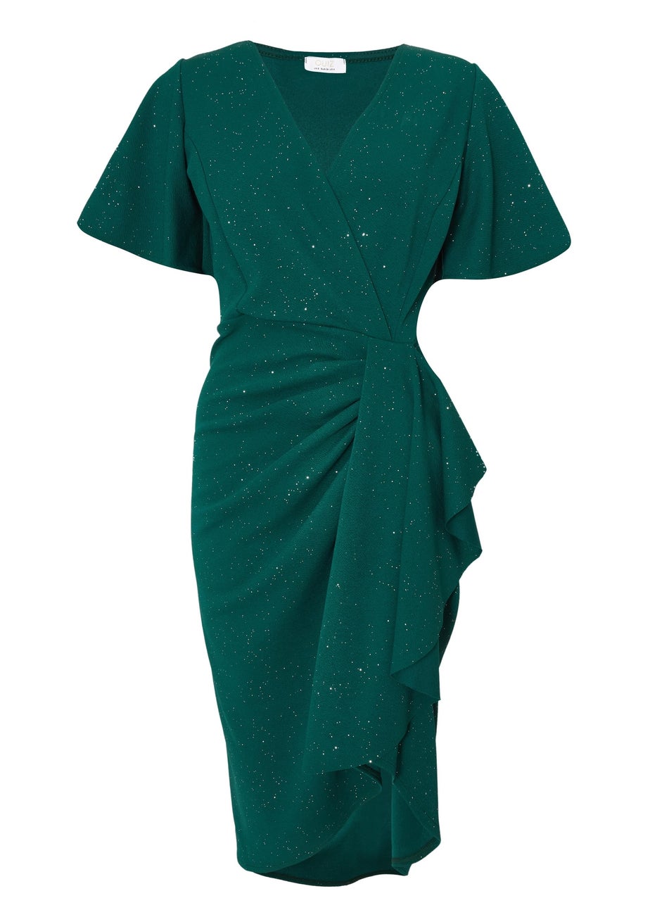 Quiz Green Petite Glitter Ruched Midi Dress