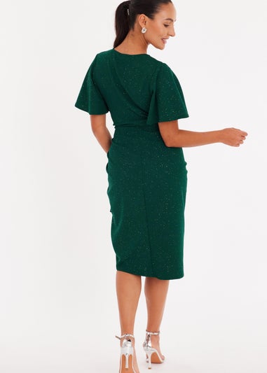 Quiz Green Petite Glitter Ruched Midi Dress