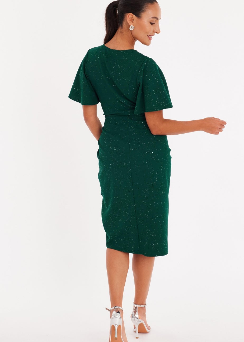 Quiz Green Petite Glitter Ruched Midi Dress