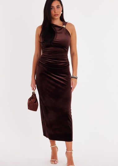 Quiz Brown Velvet Buckle Midaxi Dress